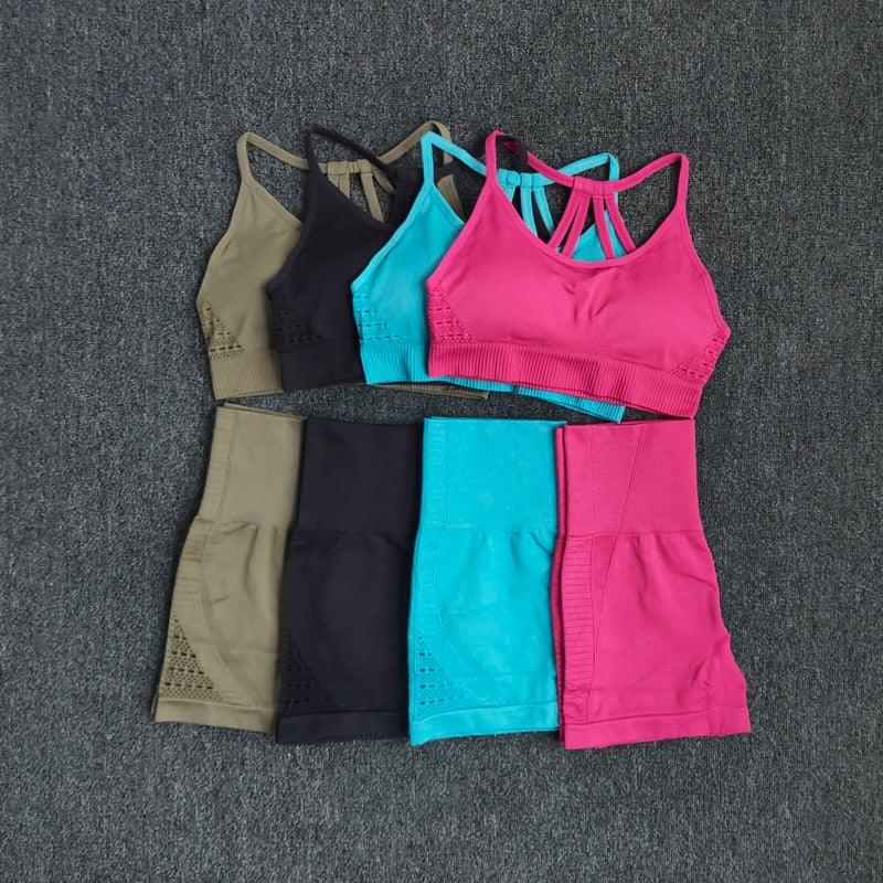 2 PCS Sports Suits Energy Seamless Yoga Set Workout Clothes For Women Sportswear High Waist Gym Shorts Padded Strappy Sports Bra - DUEL